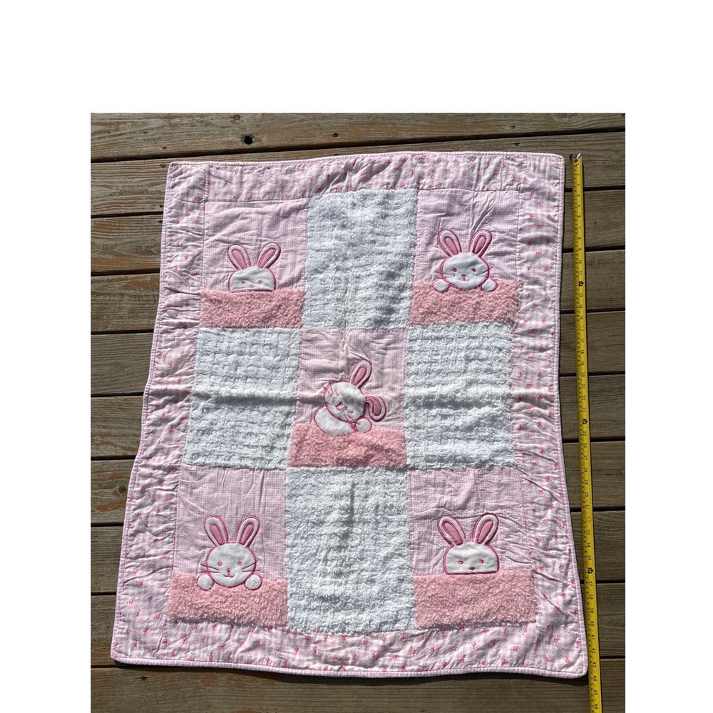 Handmade Pink Gingham Bunny Patchwork Baby Quilt Floral Embroidered Blanket